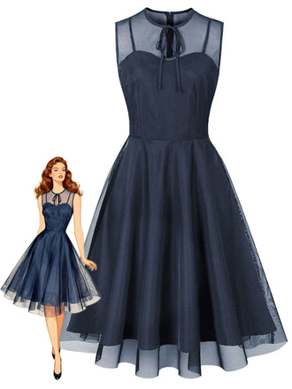Robe sans manches en tulle transparent à col lavallière ajouré Années 1950