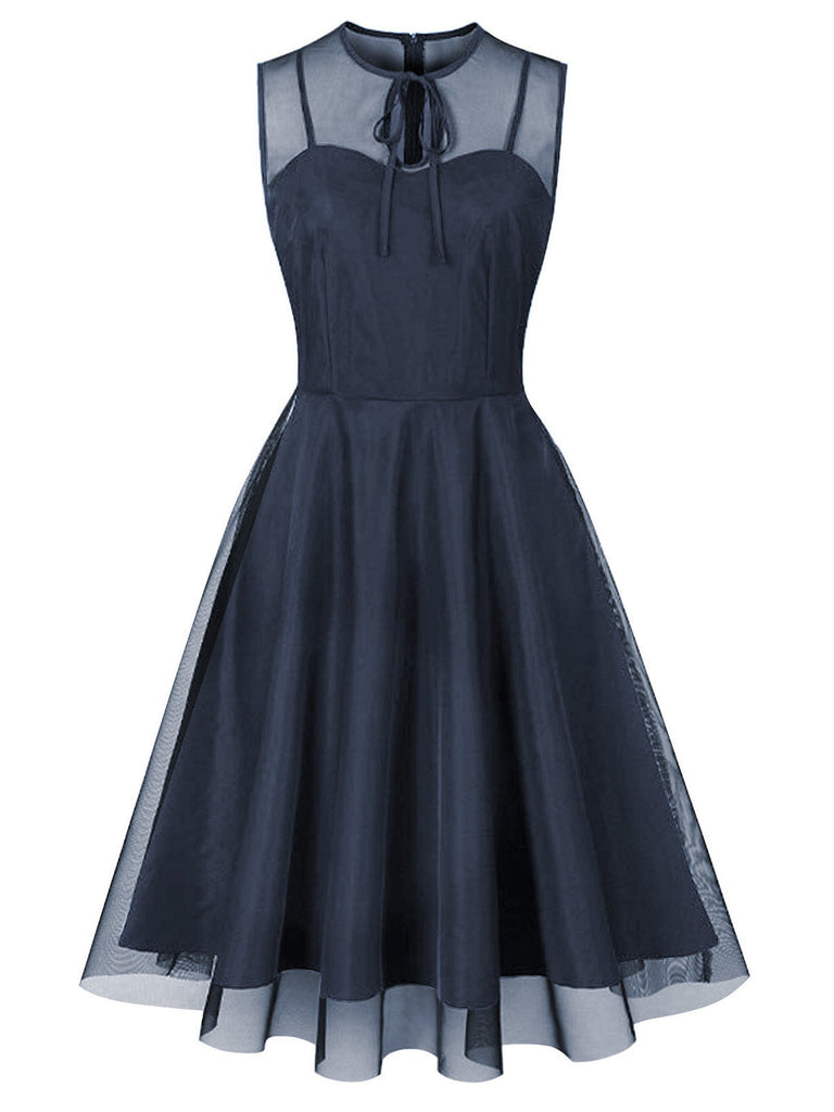 Robe sans manches en tulle transparent à col lavallière ajouré Années 1950