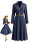 Robe bleu profond col V revers et boutons décoratifs années 40