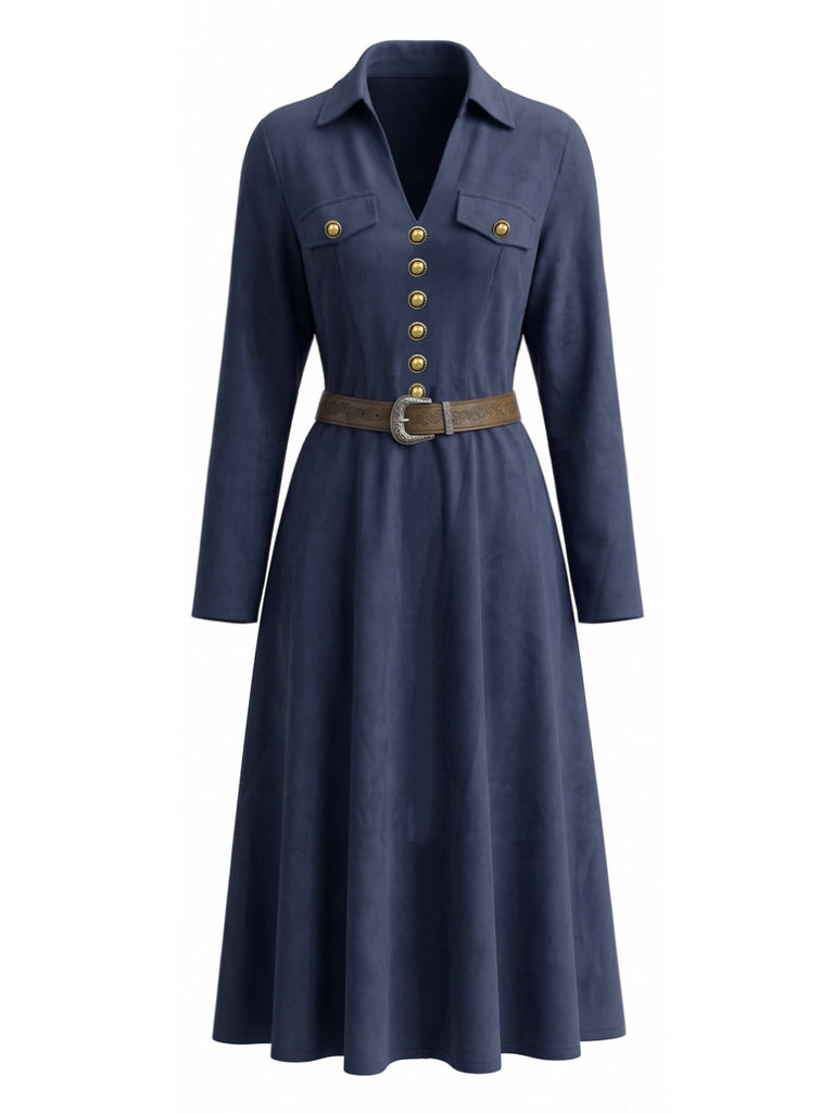 Robe bleu foncé à revers, col V et boutons décoratifs années 1940 - 3