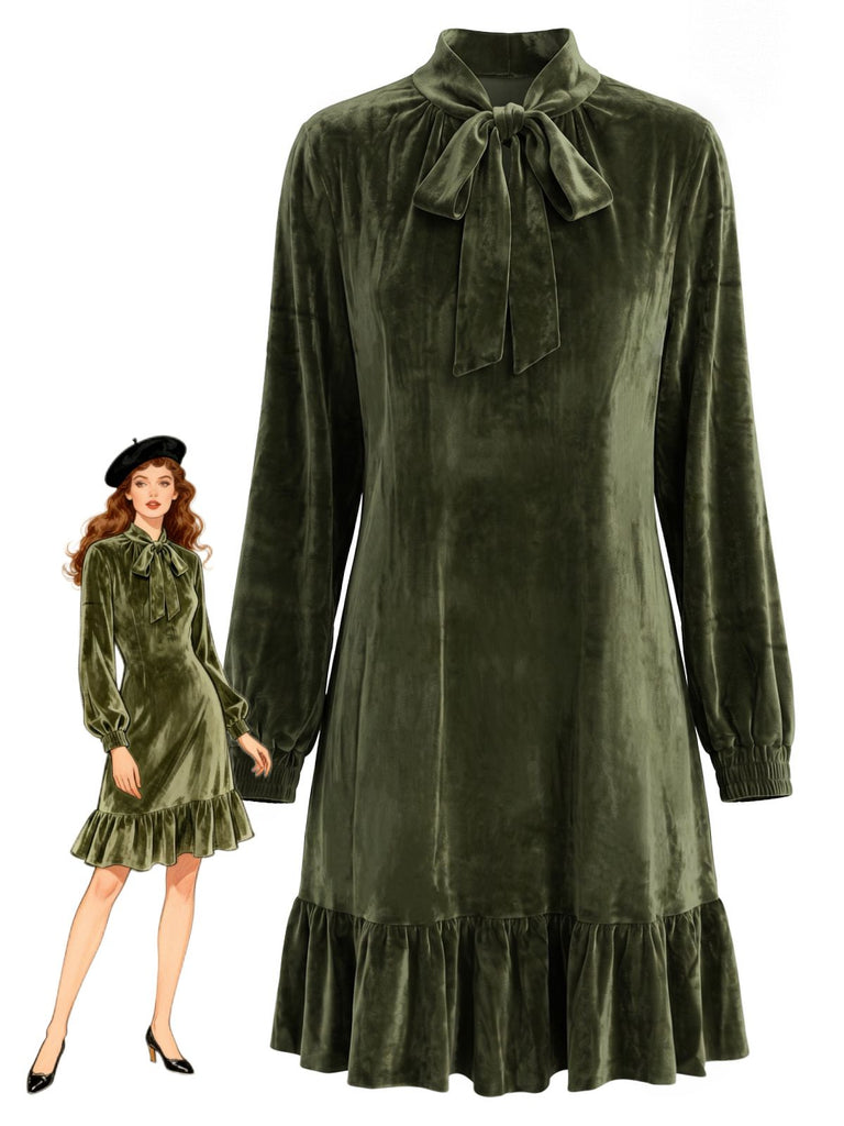 Robe courte vert foncé en velours à nœud et volants années 1970