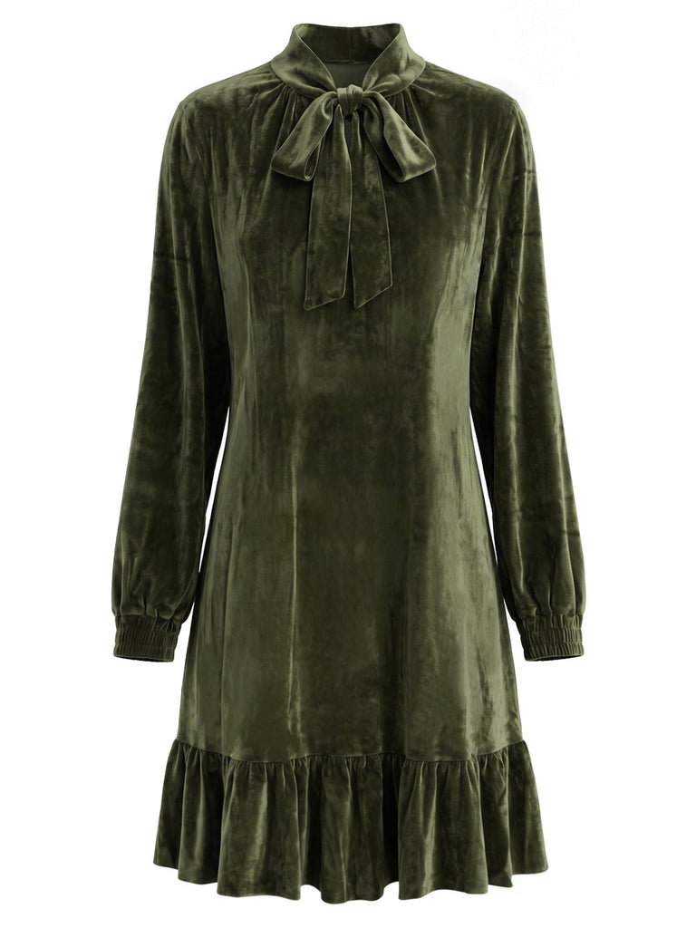 Robe courte vert foncé en velours à nœud et volants années 1970