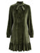 Robe courte vert foncé en velours à nœud et volants années 1970