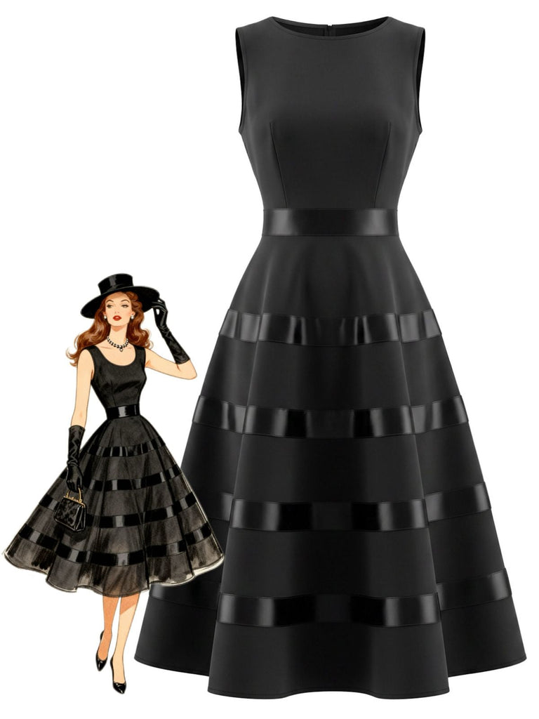 Robe noire ajustée sans manches à col rond et bordure satinée années 1950 - 1