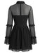 Robe gothique noire en résille transparente à rose 3D et volants années 1970