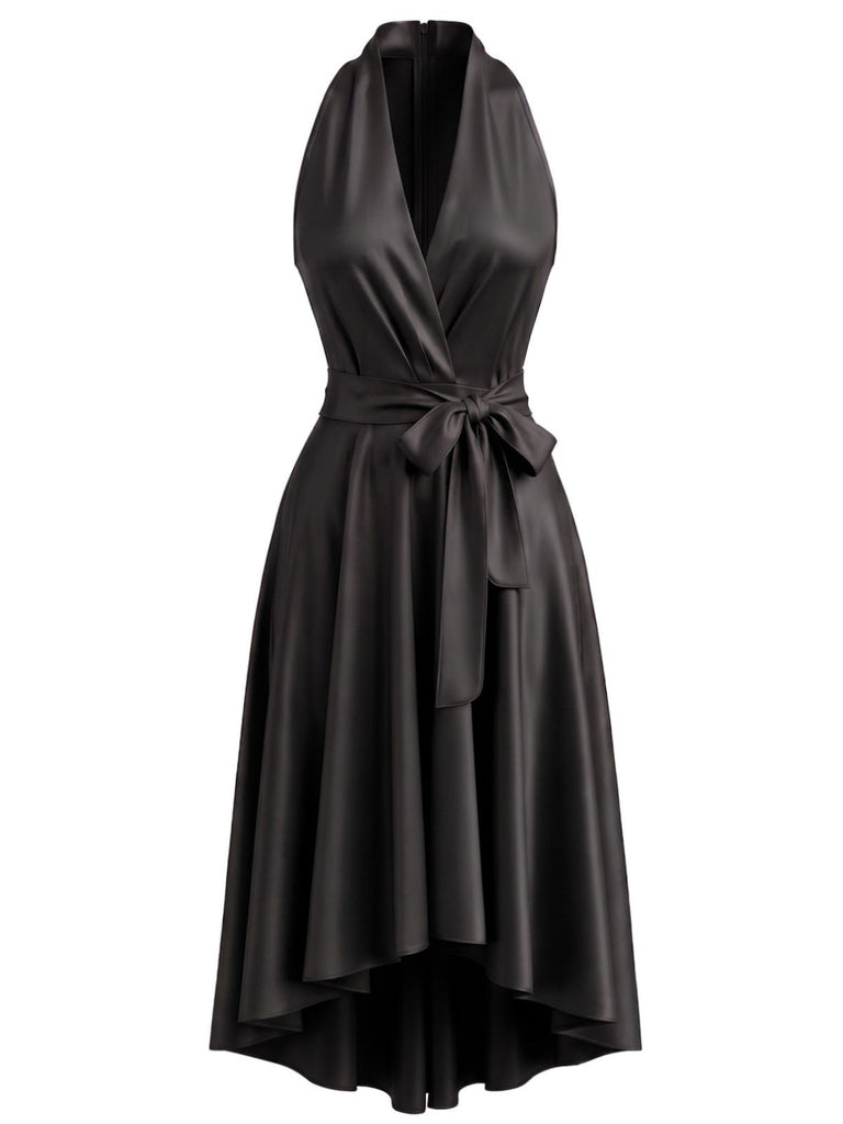 Robe en satin dos nu Halter à col V, nœud à la taille et ourlet asymétrique années 1950
