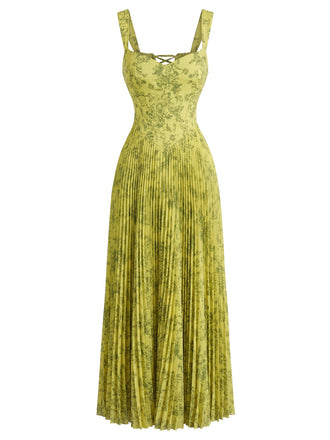 Robe Vert Floral Lacé Plissé Maxi Années 1930