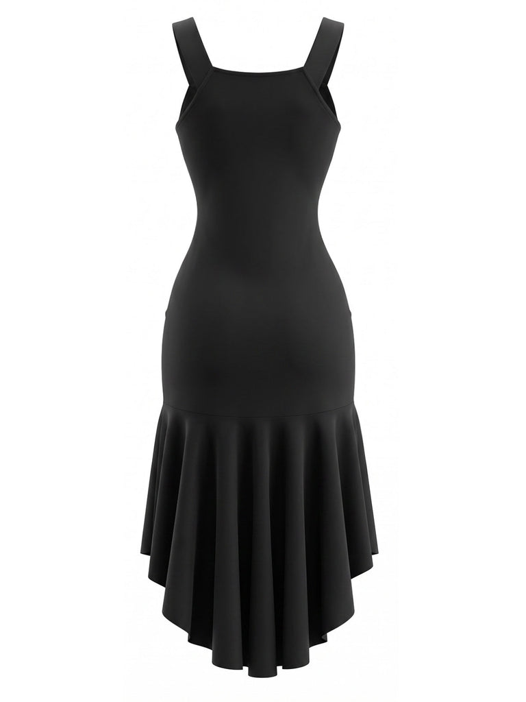 Robe noire à col dégagé et ourlet volanté asymétrique années 1930