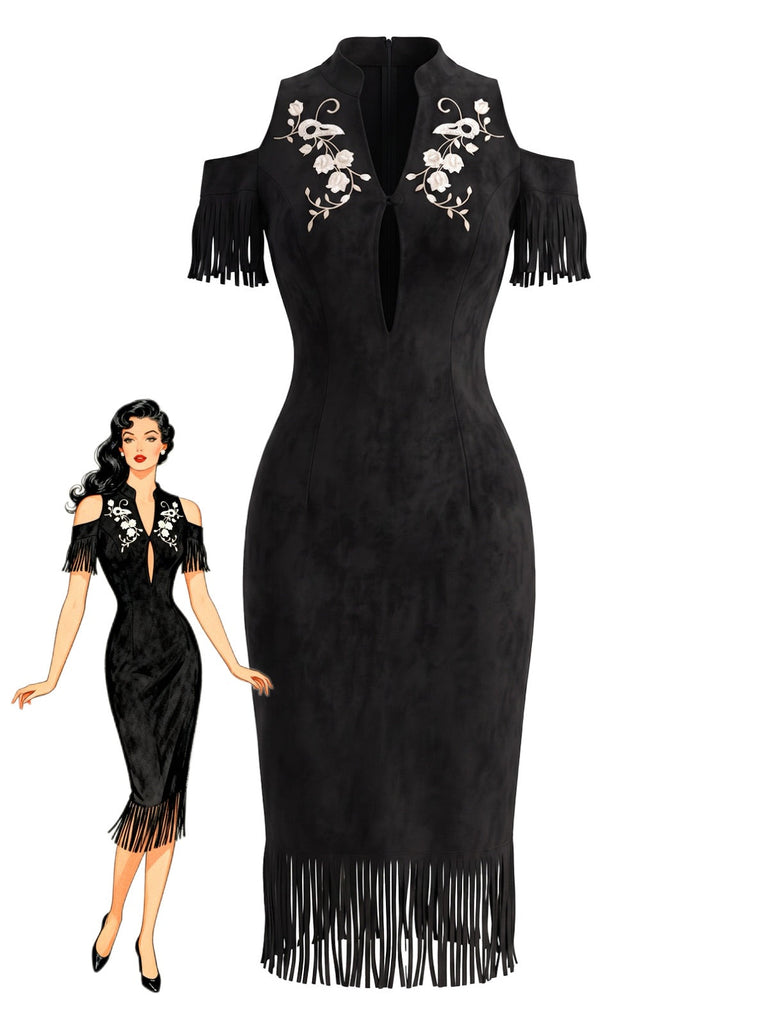 Robe crayon noire florale brodée à épaules dénudées et franges Années 1970