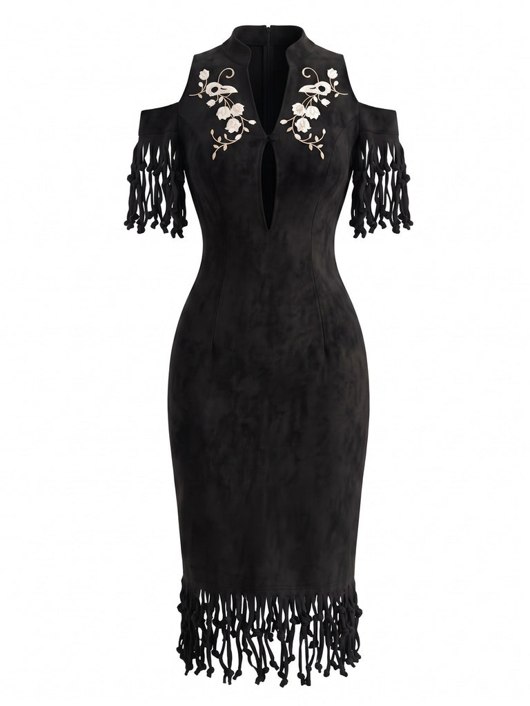 Robe crayon noire florale et franges Années 1970