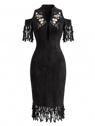 Robe crayon noire florale et franges Années 1970