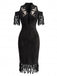 Robe crayon noire florale et franges Années 1970