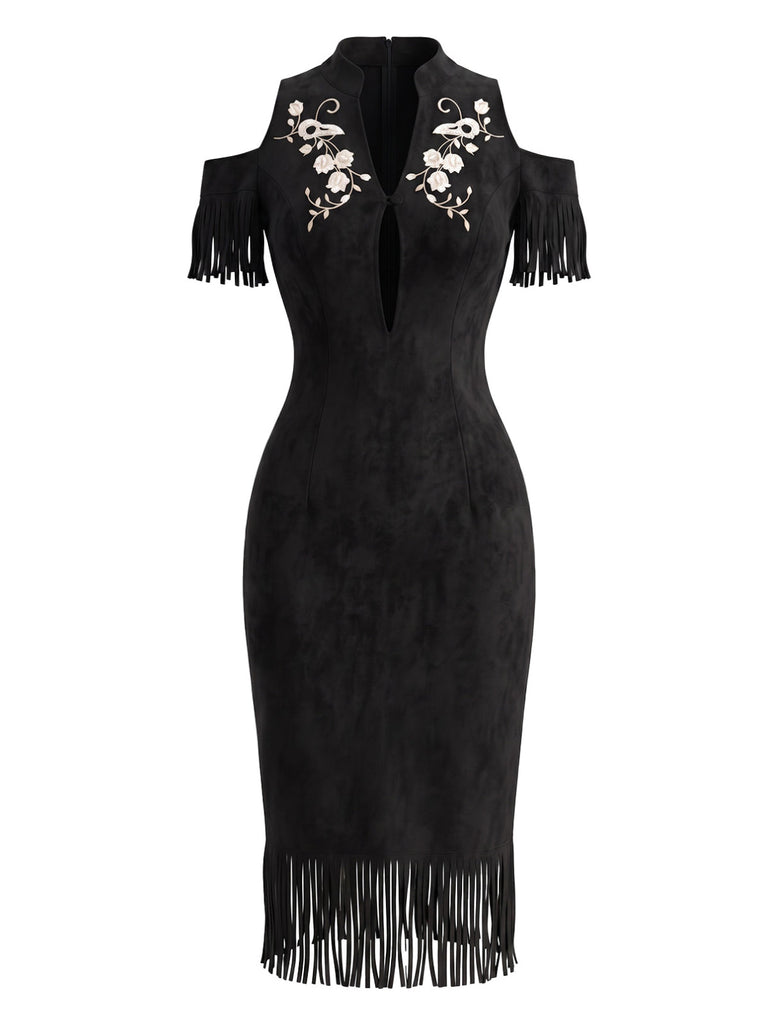 Robe crayon noire florale brodée à épaules dénudées et franges Années 1970