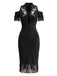 Robe crayon noire florale brodée à épaules dénudées et franges Années 1970