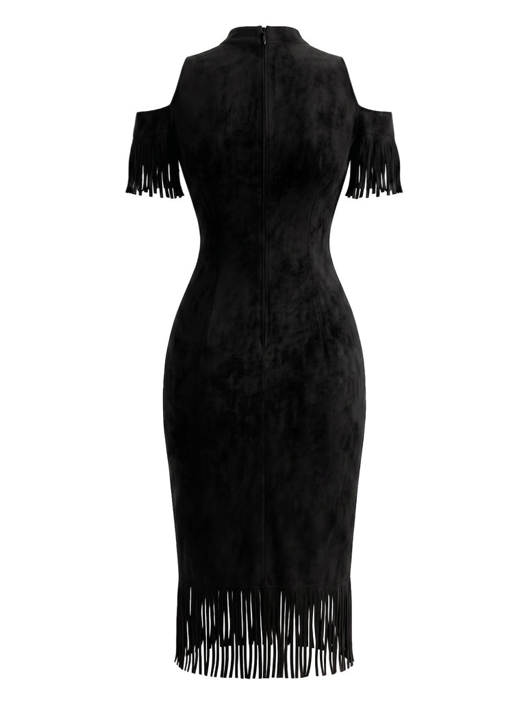 Robe crayon noire florale brodée à épaules dénudées et franges Années 1970