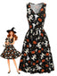 Robe noire d’Halloween à imprimé fantôme et citrouille années 1940