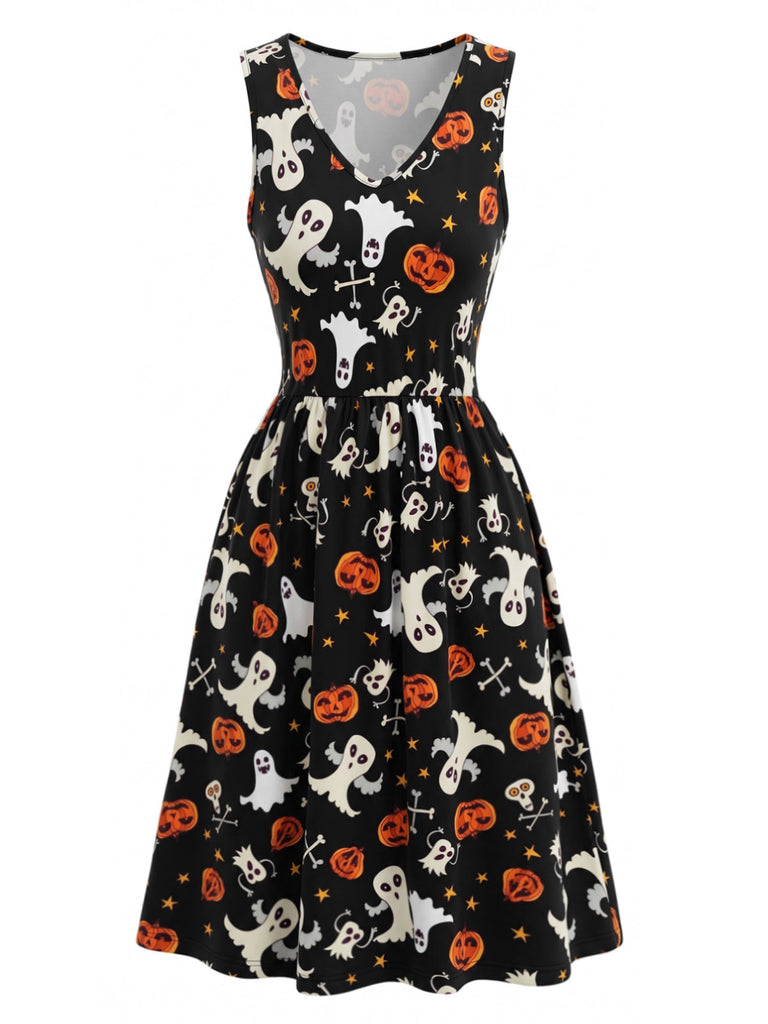 Robe noire d’Halloween à imprimé fantôme et citrouille années 1940