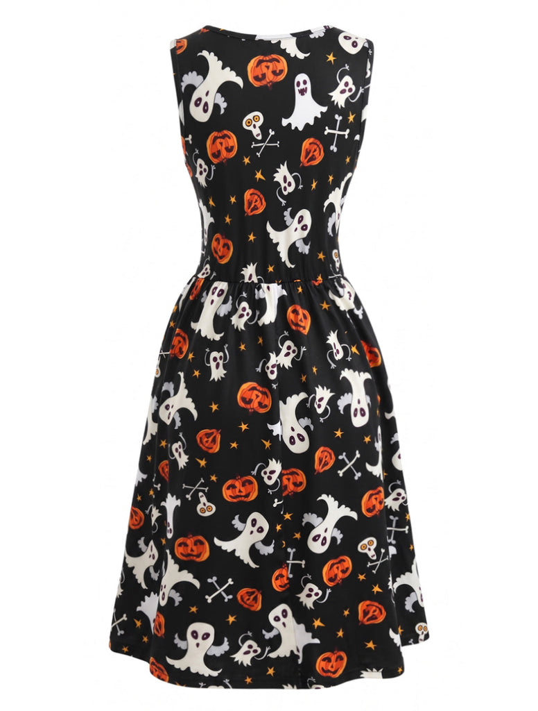 Robe noire d’Halloween à imprimé fantôme et citrouille années 1940