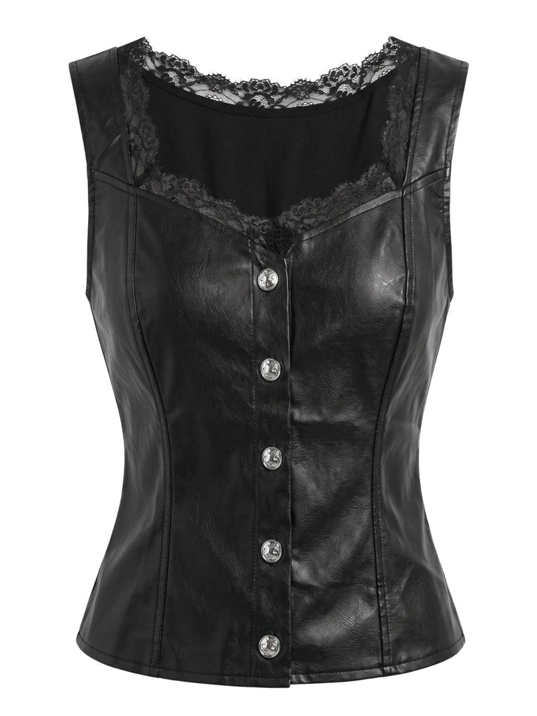 Gilet ajusté noir en cuir PU avec empiècements en dentelle années 1940