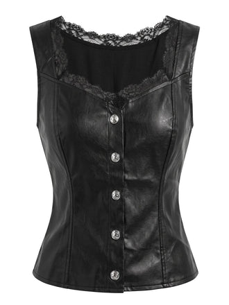 Gilet ajusté noir en cuir PU avec empiècements en dentelle années 1940