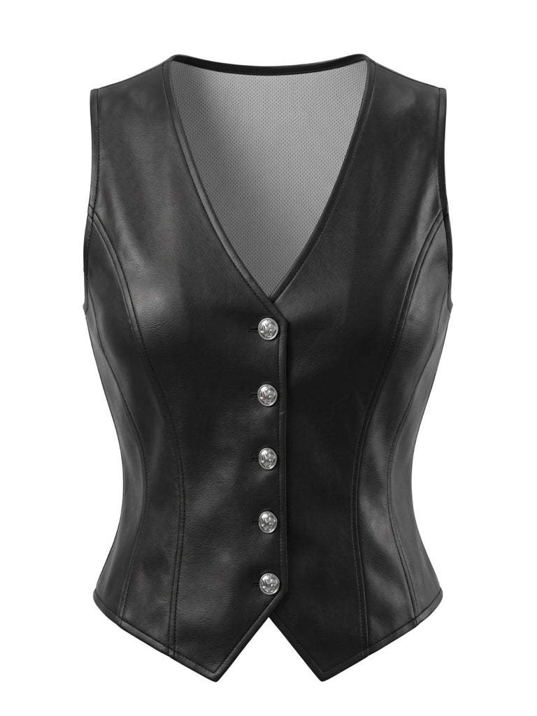 Gilet court noir en similicuir PU à col V et boutons années 1970