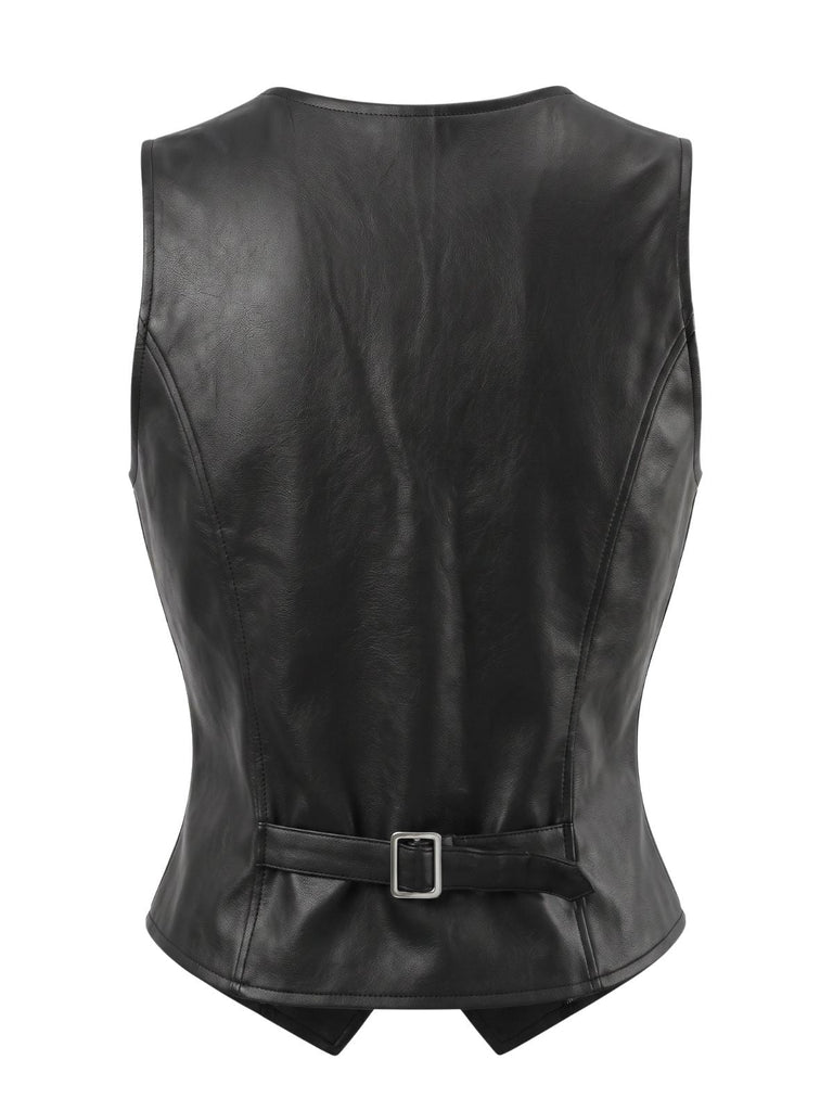 Gilet court noir en similicuir PU à col V et boutons années 1970