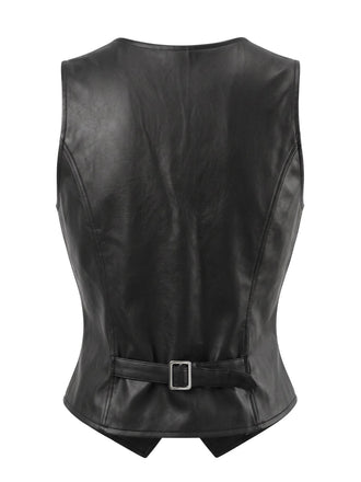Gilet court noir en similicuir PU à col V et boutons années 1970