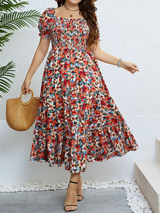 [Grande Taille] Robe à Col Carré avec Volants et Imprimé Floral Années 1940