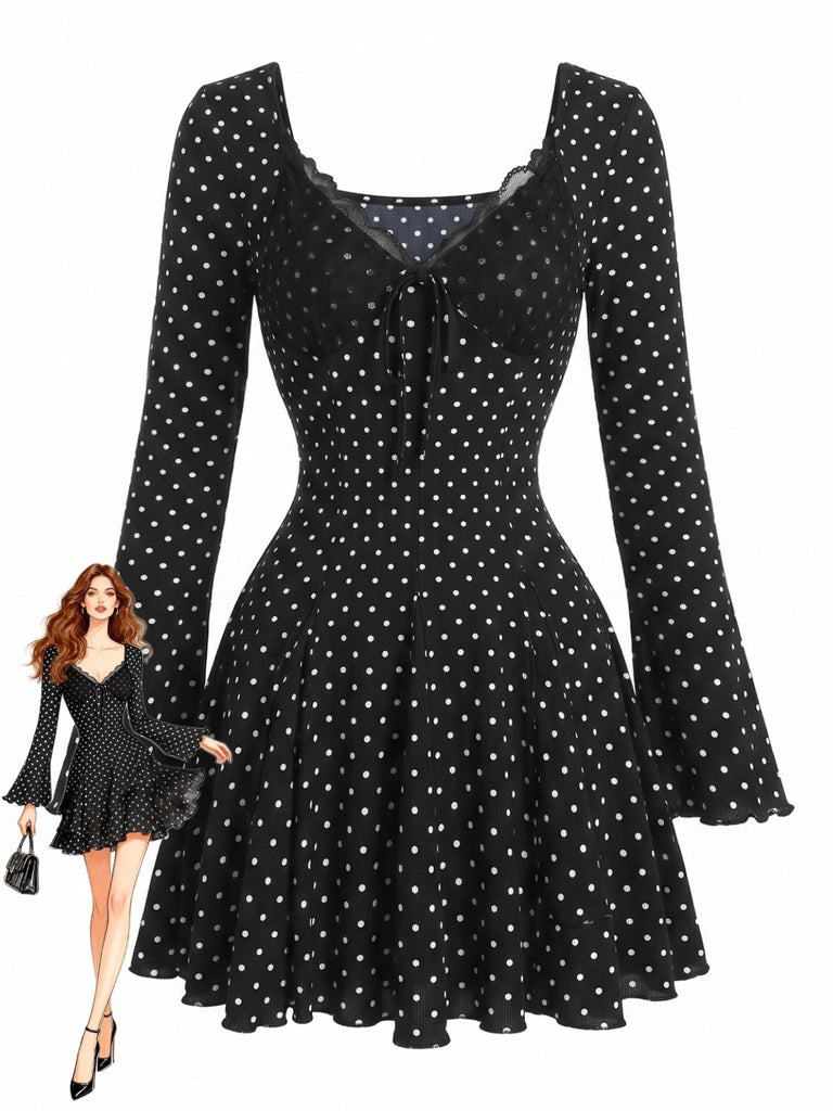 Robe courte noire à pois, dentelle côtelée, col V et manches cloche années 1960