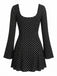 Robe courte noire à pois, dentelle côtelée, col V et manches cloche années 1960