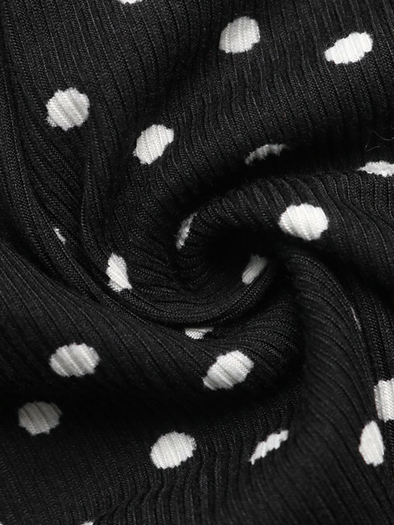 Robe courte noire à pois, dentelle côtelée, col V et manches cloche années 1960