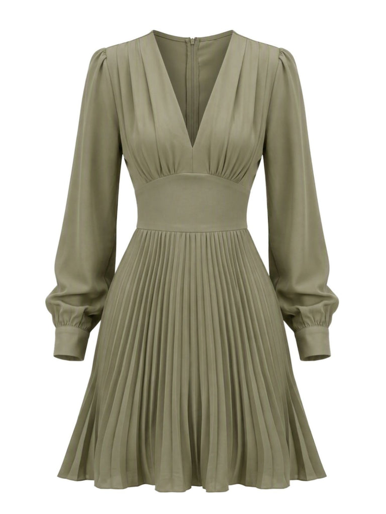 Robe verte unie plissée à col V et manches lanternes Années 1950