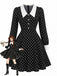 Robe noire à pois, col Chelsea et manches longues années 1950