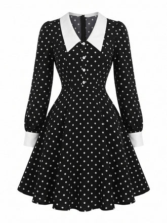 Robe noire à pois, col Chelsea et manches longues années 1950