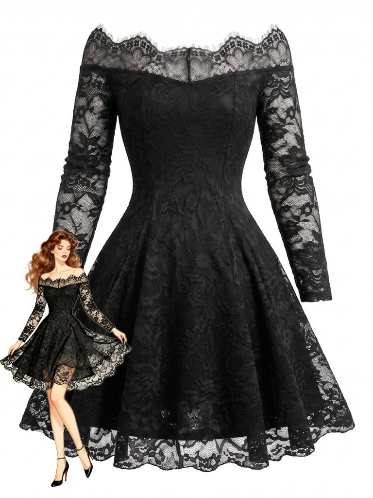 Robe noire à épaules dénudées, dentelle fleurie et effet illusion années 1950