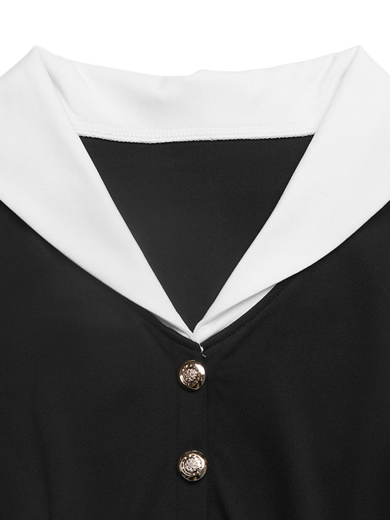 Robe noire et blanche à revers, col V et manches longues années 1950