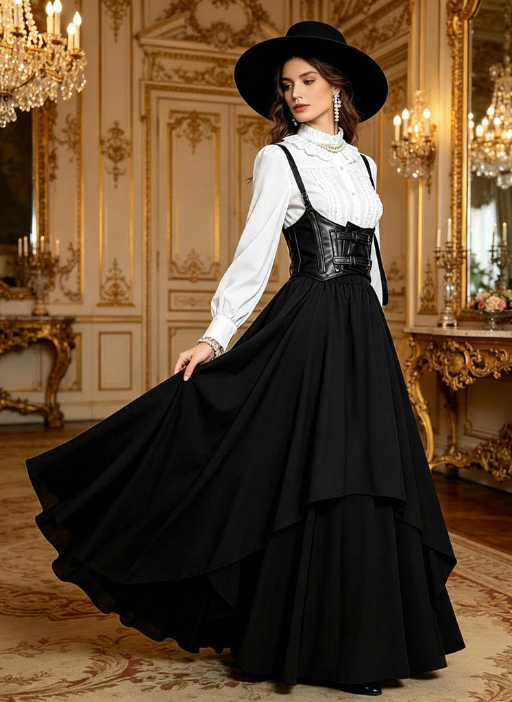 Ensemble 3PCS costume Renaissance victorien gothique à corset volanté années 1950