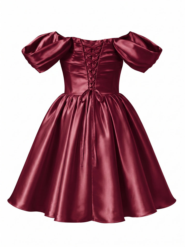Robe mini princesse bleu royal en satin à manches bouffantes Années 1950