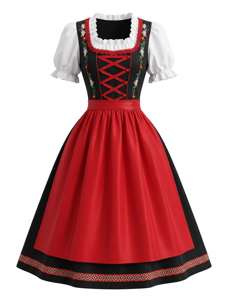 Ensemble 2 pièces rouge avec robe à broderie florale ethnique et tablier années 1950