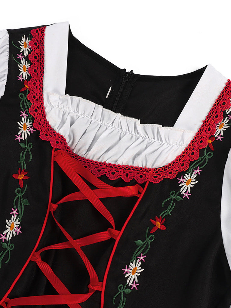 Ensemble 2 pièces rouge avec robe à broderie florale ethnique et tablier années 1950