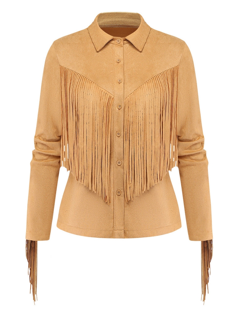 Veste western kaki en daim à revers et franges années 1970