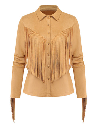Veste western kaki en daim à revers et franges années 1970