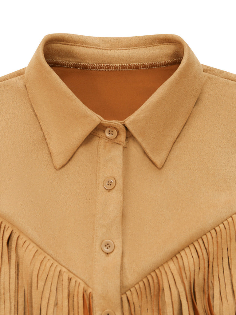 Veste western kaki en daim à revers et franges années 1970
