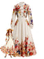 Robe longue beige à fleurs et manches ballon années 1970