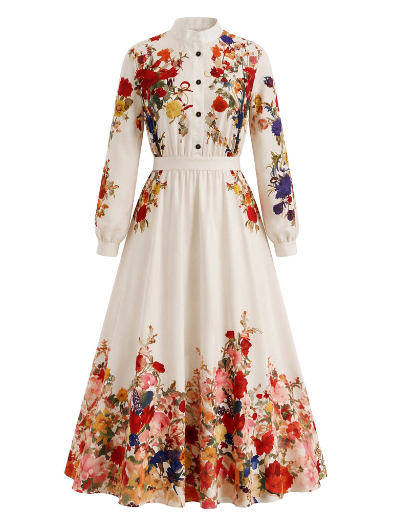 Robe longue beige à fleurs, col montant et manches ballon années 1970