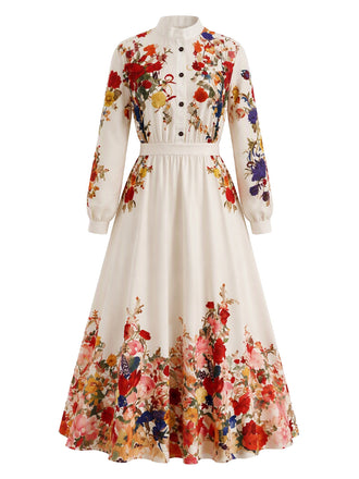 Robe longue beige à fleurs, col montant et manches ballon années 1970