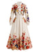 Robe longue beige à fleurs, col montant et manches ballon années 1970