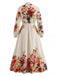 Robe longue beige à fleurs, col montant et manches ballon années 1970