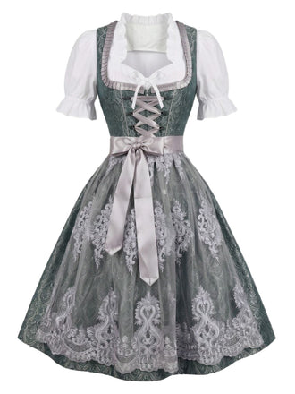 3PCS Robe Gris Vert Floral Col Carré avec Tablier et Blanc Top Années 1950
