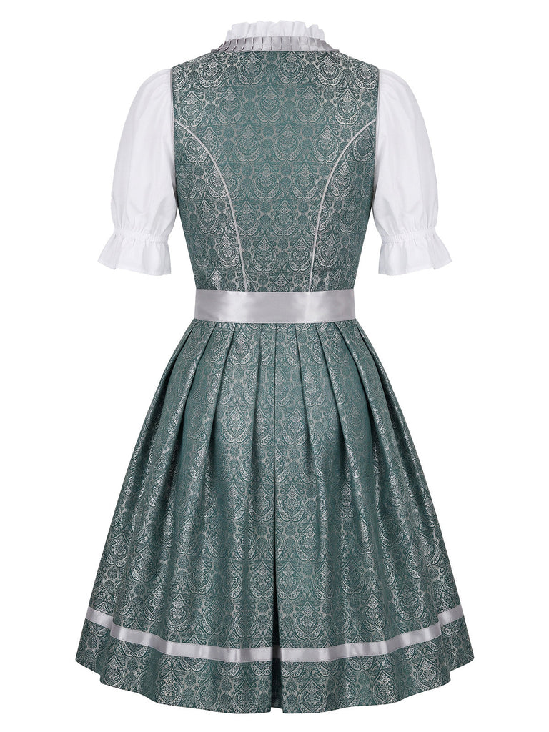 3PCS Robe Gris Vert Floral Col Carré avec Tablier et Blanc Top Années 1950